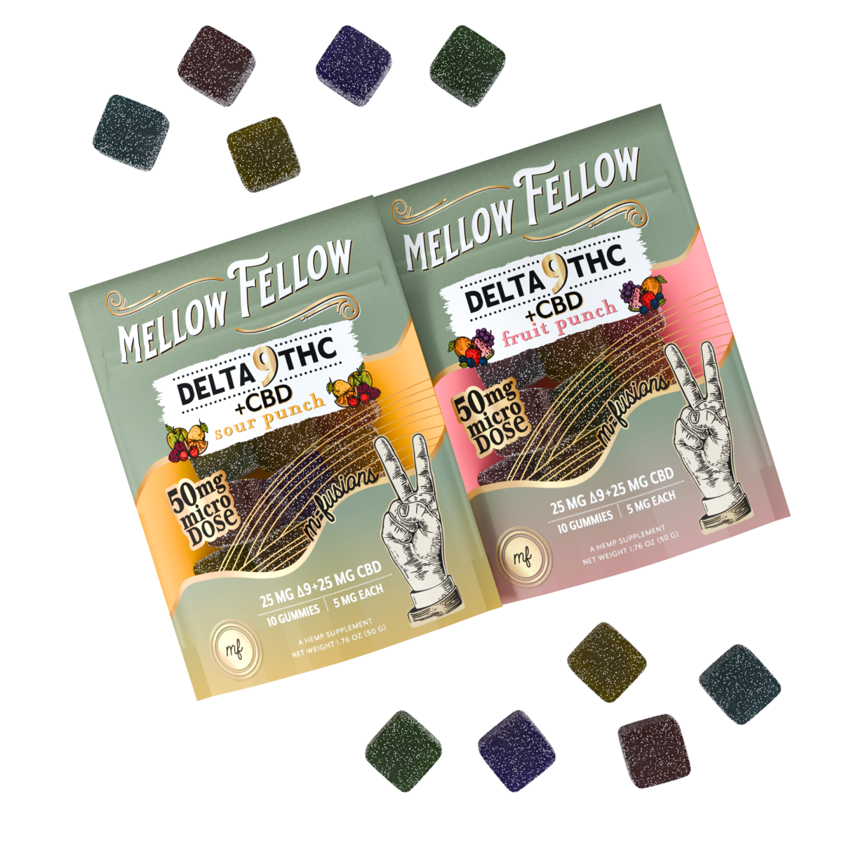 Micro - Dose M - Fusions Gummies Bundle (2 Pack) - 100mg Total D9 + CBD - Fruit Punch & Sour Mix - Mellow Fellow
