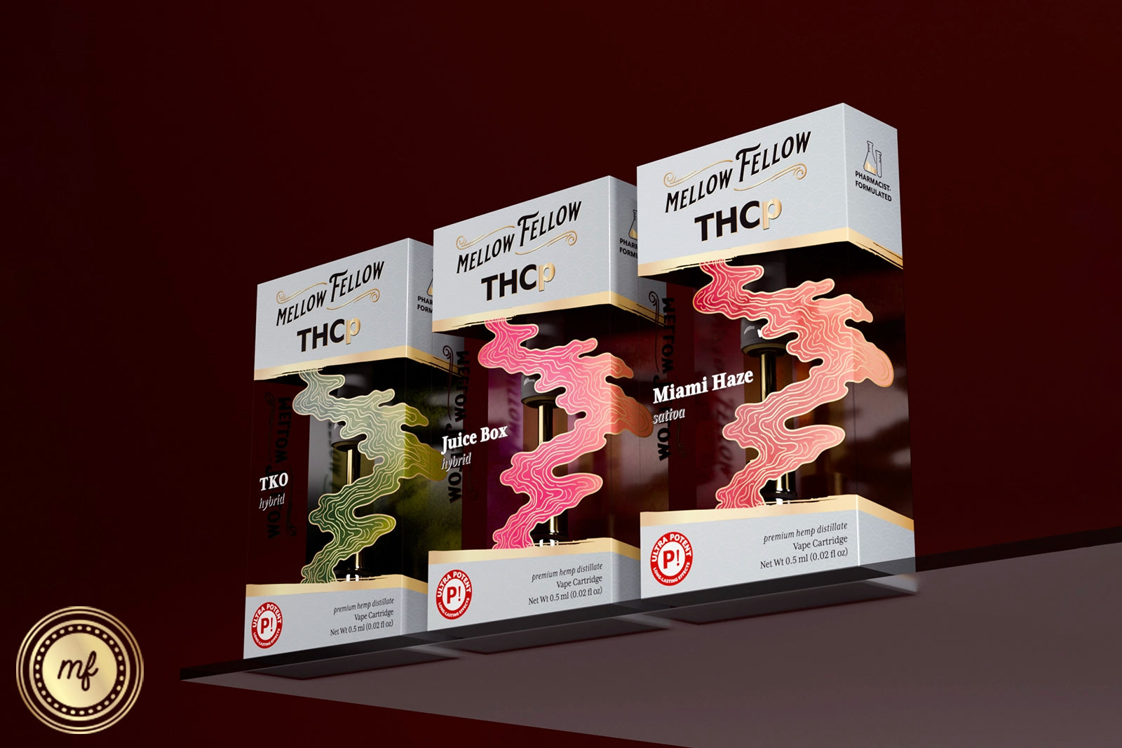 Three Mellow Fellow Vape Products on a colored background