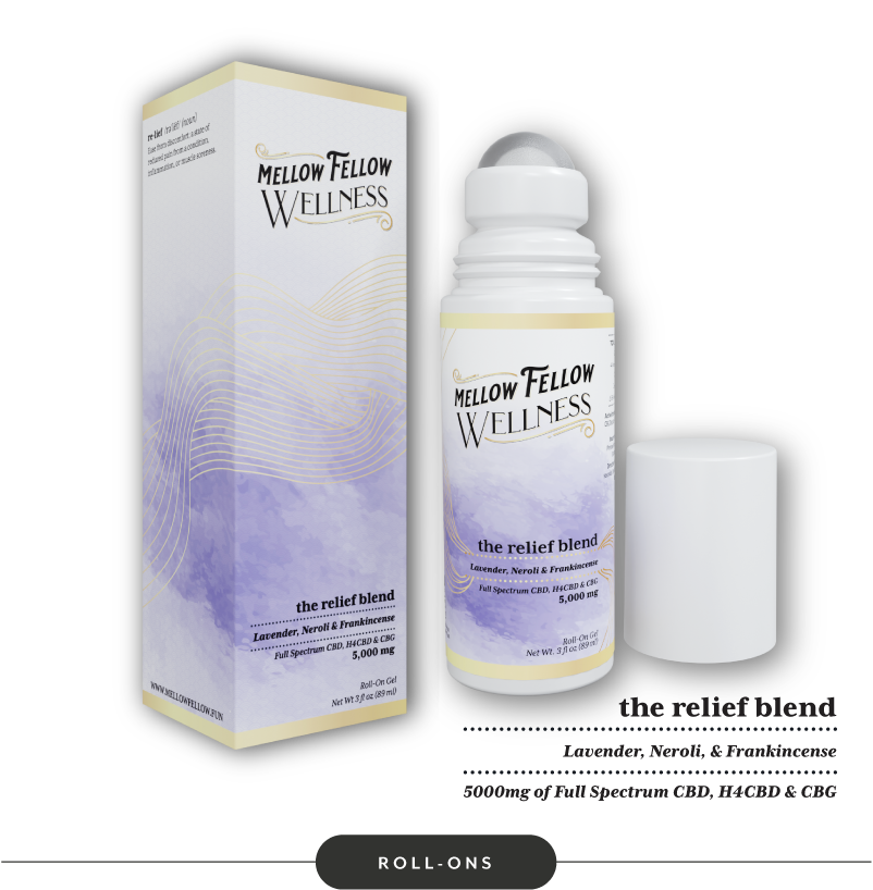 Image of a Mellow Fellow Wellness roll-on bottle and its box. The product is labeled "the relief blend" with lavender, neroli, and frankincense. The box and bottle have a wave design in purple and white, with the cap removed and placed beside the bottle.