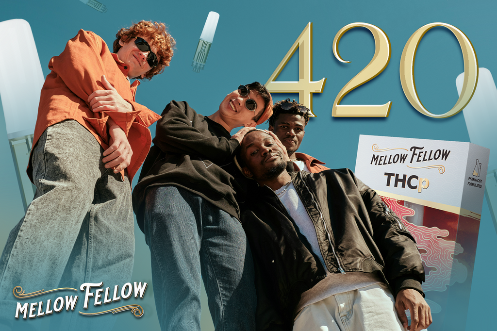 Four boys smile and enjoy the moment after taking Mellow Fellow THCp Miami Haze Sativa gummies