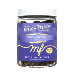Jar of Mellow Fellow Willy Wonka hybrid exotic THCa flower on a white background