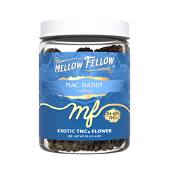 Jar of Mellow Fellow Mac Daddy indica exotic THC flower on a white background